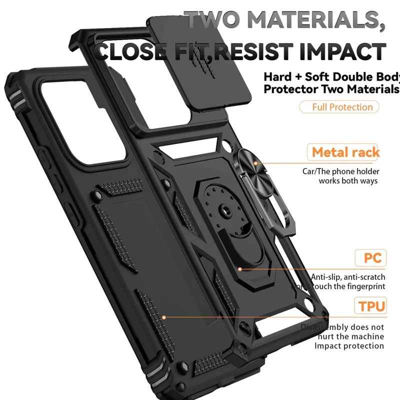 For Xiaomi Redmi Note 14 5G Case PC + TPU Phone Cover with Lens Protection Kickstand - Black