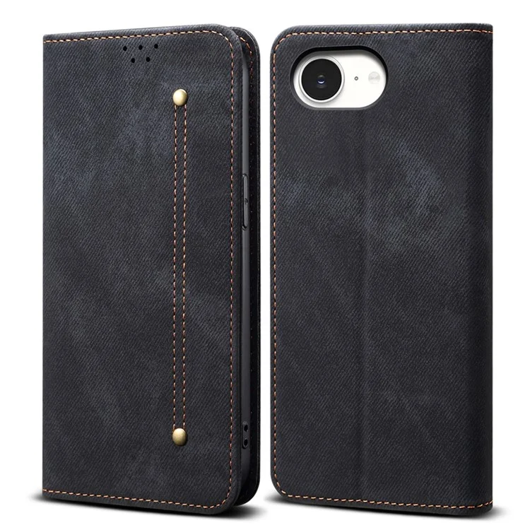 For iPhone 16e Case Jeans Cloth Texture Anti-Scratch Leather Stand Phone Cover - Black