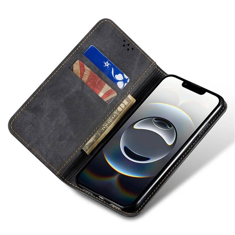 For iPhone 16e Case Jeans Cloth Texture Anti-Scratch Leather Stand Phone Cover - Black
