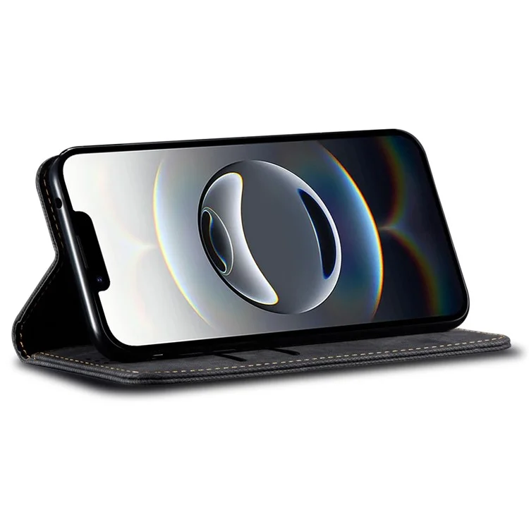 For iPhone 16e Case Jeans Cloth Texture Anti-Scratch Leather Stand Phone Cover - Black