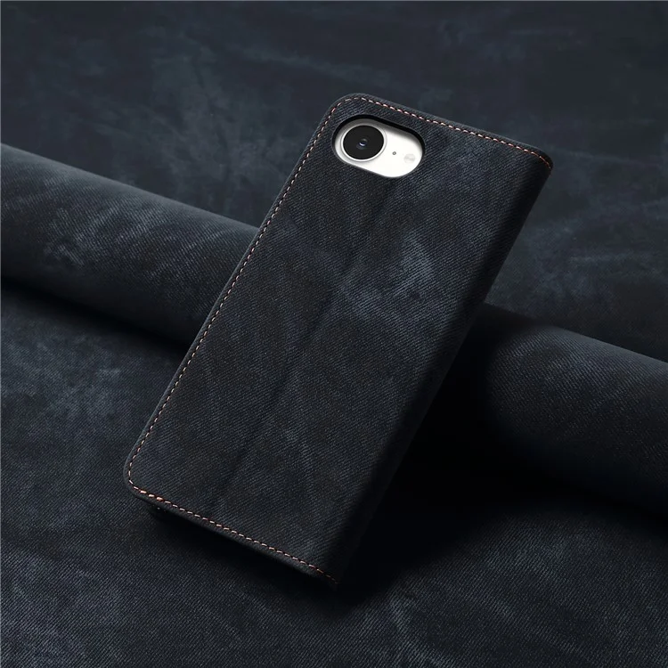 For iPhone 16e Case Jeans Cloth Texture Anti-Scratch Leather Stand Phone Cover - Black