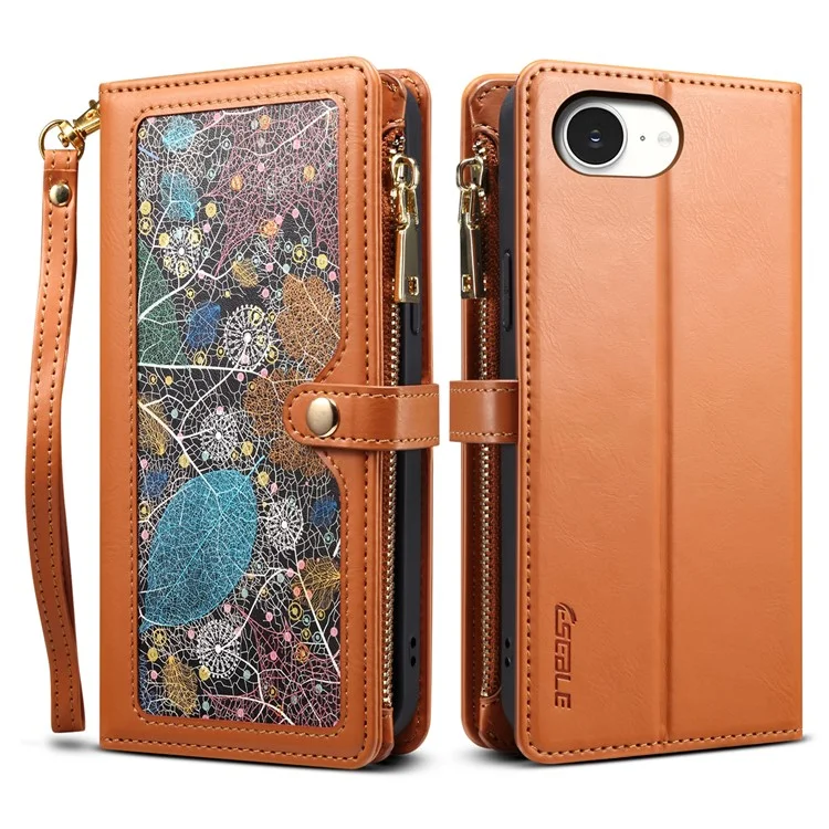 ESEBLE Galaxy Series For iPhone 16e Case Leather Zipper Phone Cover RFID Blocking - Brown