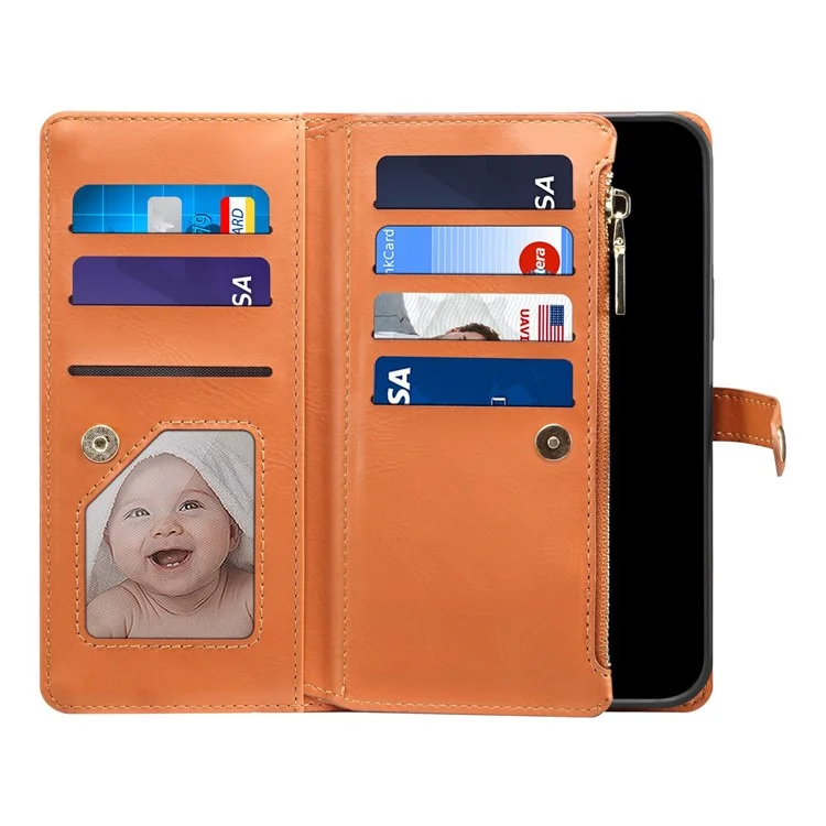 ESEBLE Galaxy Series For iPhone 16e Case Leather Zipper Phone Cover RFID Blocking - Brown