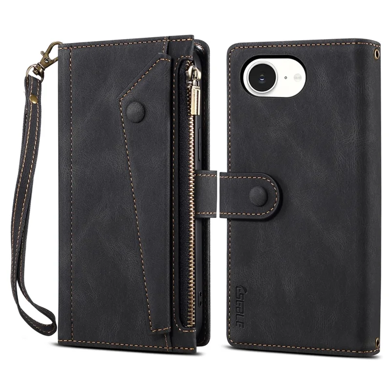 ESEBLE Star Series For iPhone 16e Case Zipper Wallet Leather Stand Phone Cover - Black