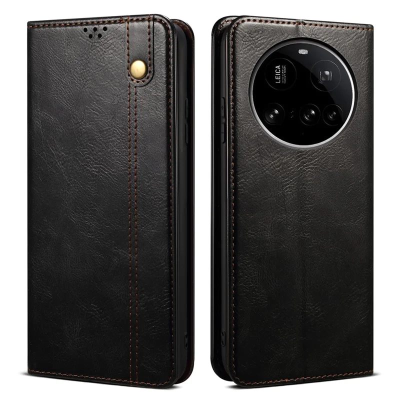 Funda de cuero estilo caballo loco con textura encerada y soporte para Xiaomi 15 Ultra - Negro