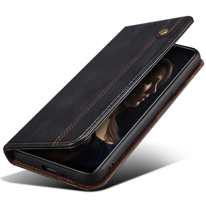 Funda de cuero estilo caballo loco con textura encerada y soporte para Xiaomi 15 Ultra - Negro