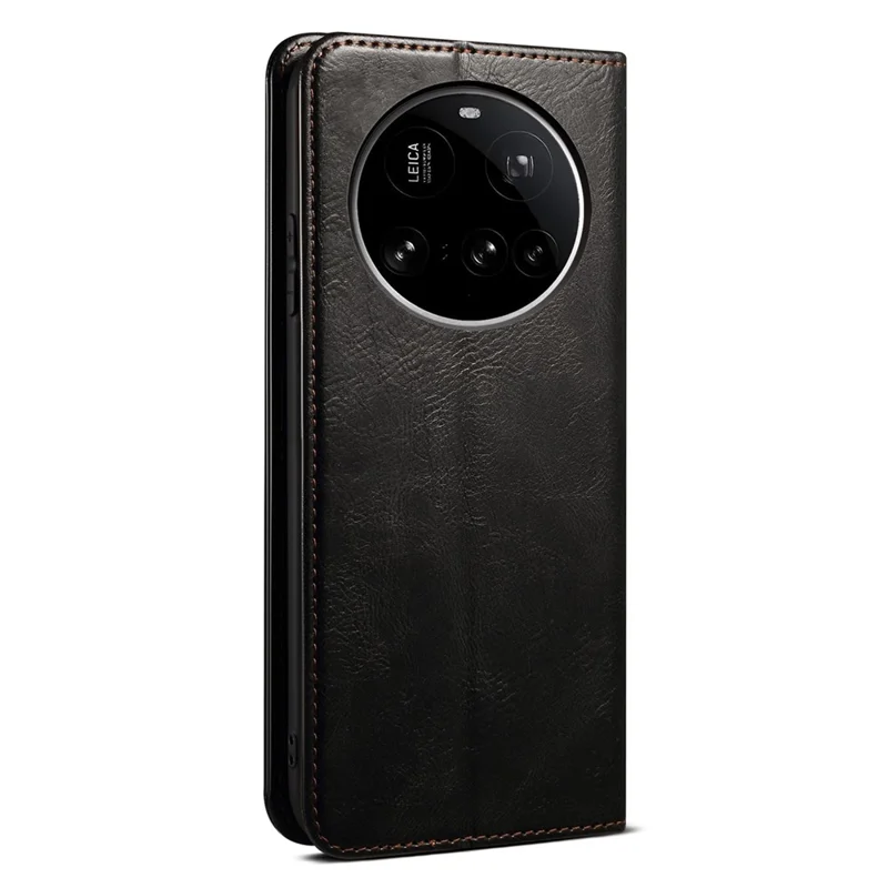 Funda de cuero estilo caballo loco con textura encerada y soporte para Xiaomi 15 Ultra - Negro