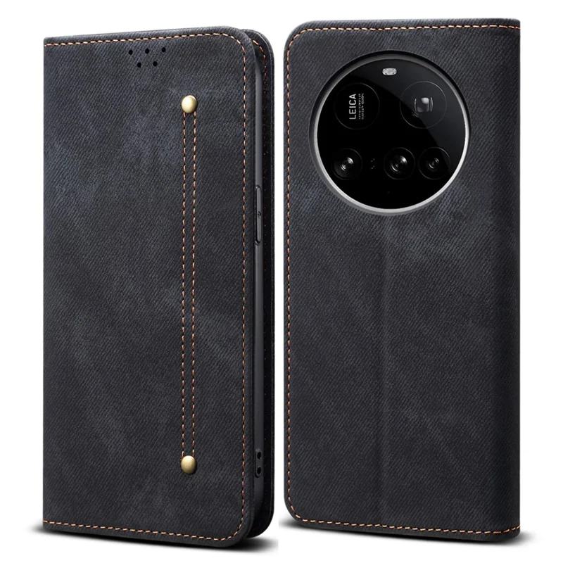 For Xiaomi 15 Ultra Case Jeans Cloth Texture Anti-Scratch Leather Stand Phone Cover - Black