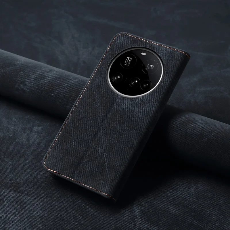 For Xiaomi 15 Ultra Case Jeans Cloth Texture Anti-Scratch Leather Stand Phone Cover - Black