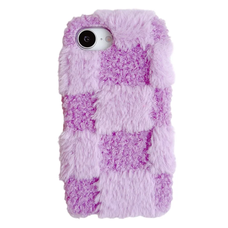 For iPhone 17e / 16e Fluffy Case Checkered / Floral Pattern Winter Plush Inner TPU Phone Cover - Purple