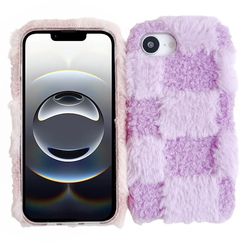 For iPhone 17e / 16e Fluffy Case Checkered / Floral Pattern Winter Plush Inner TPU Phone Cover - Purple