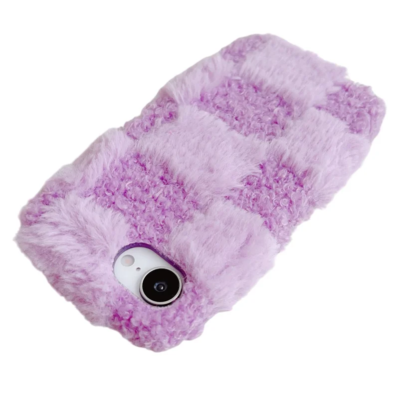 For iPhone 17e / 16e Fluffy Case Checkered / Floral Pattern Winter Plush Inner TPU Phone Cover - Purple