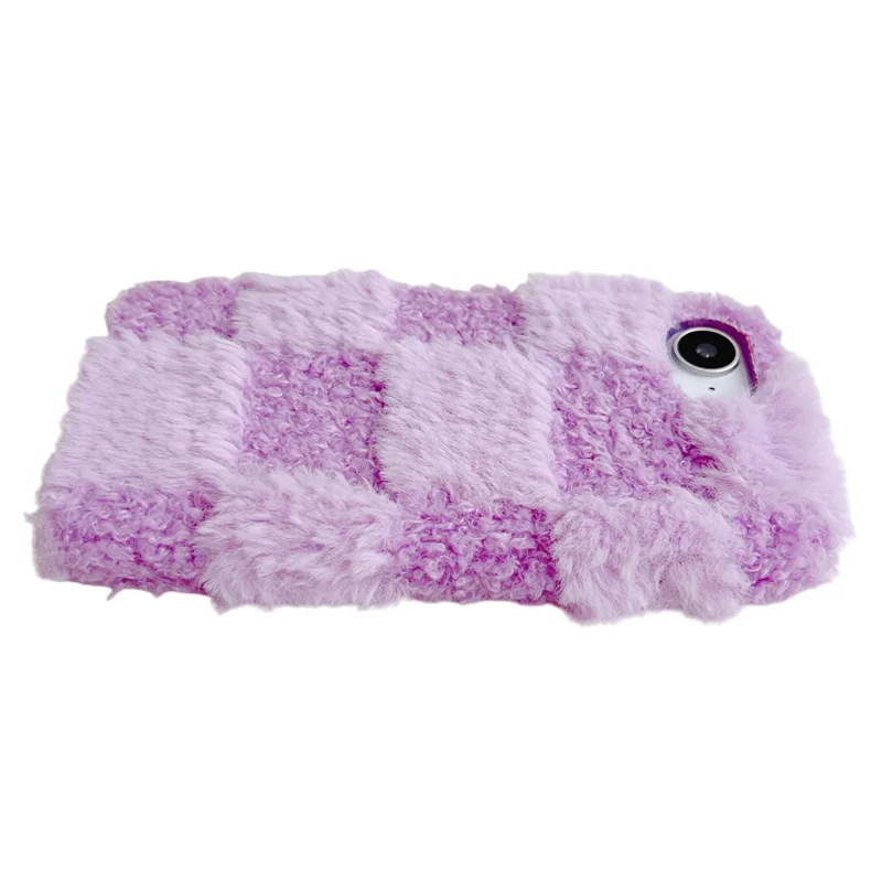 For iPhone 17e / 16e Fluffy Case Checkered / Floral Pattern Winter Plush Inner TPU Phone Cover - Purple