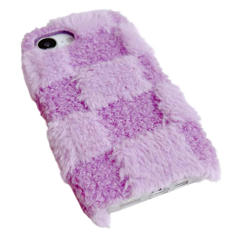 For iPhone 17e / 16e Fluffy Case Checkered / Floral Pattern Winter Plush Inner TPU Phone Cover - Purple