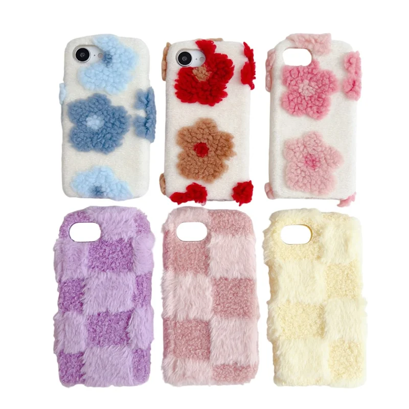 For iPhone 17e / 16e Fluffy Case Checkered / Floral Pattern Winter Plush Inner TPU Phone Cover - Purple