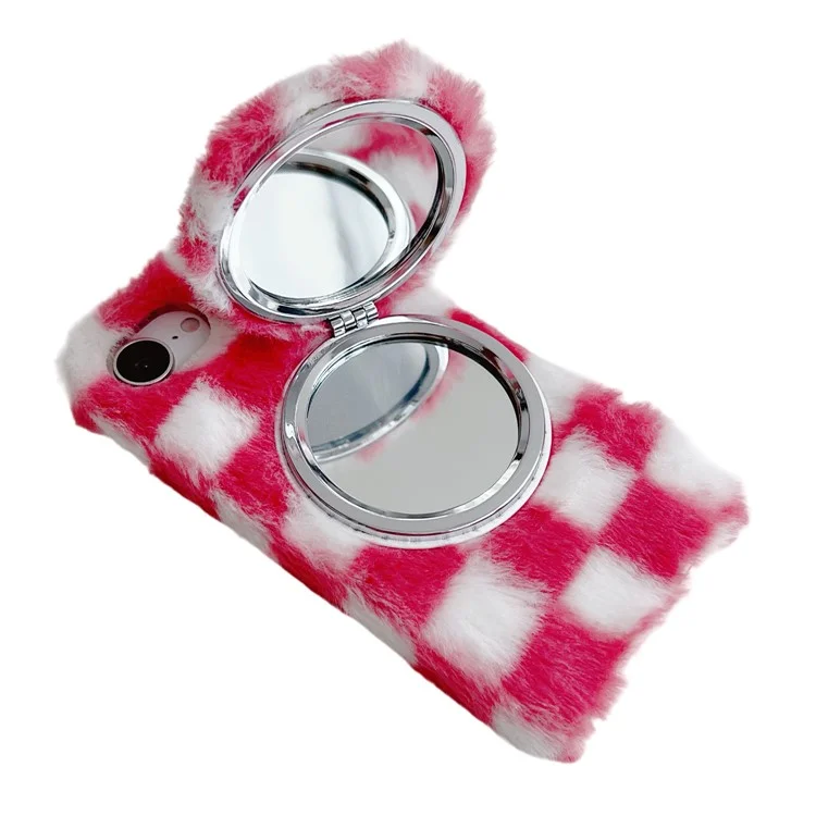 For iPhone 16e Fluffy Case Checkered Pattern Winter Plush Inner TPU Phone Cover with Mirror - Pink