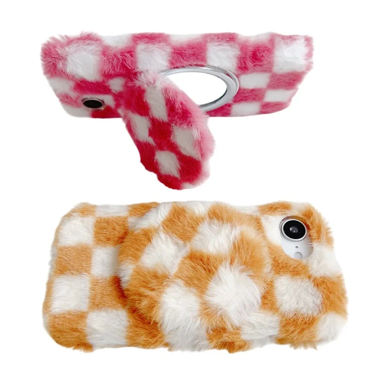 For iPhone 16e Fluffy Case Checkered Pattern Winter Plush Inner TPU Phone Cover with Mirror - Pink