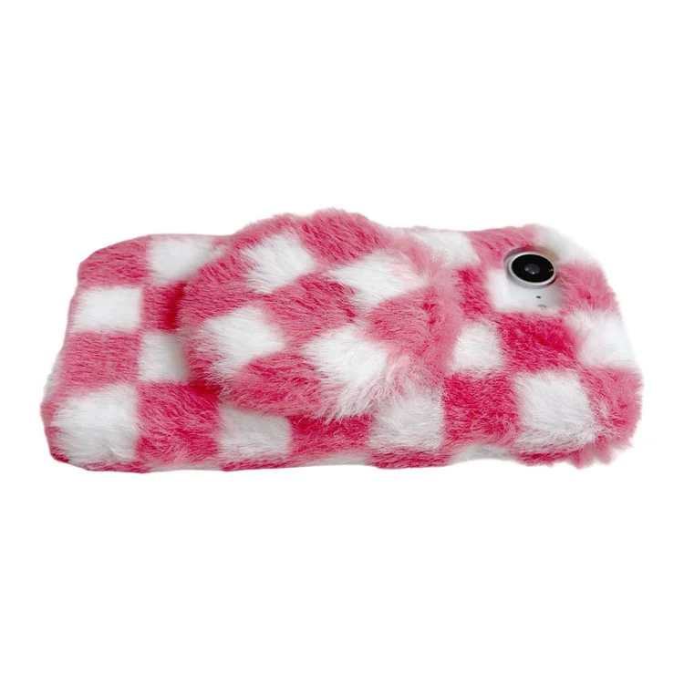 For iPhone 16e Fluffy Case Checkered Pattern Winter Plush Inner TPU Phone Cover with Mirror - Pink
