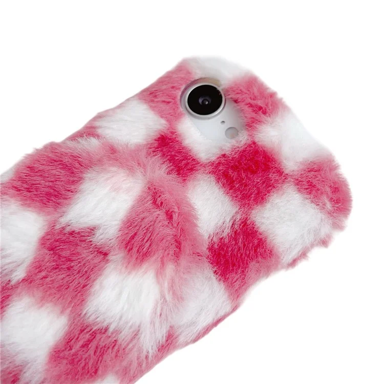 For iPhone 16e Fluffy Case Checkered Pattern Winter Plush Inner TPU Phone Cover with Mirror - Pink