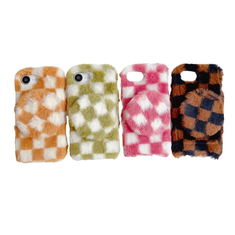 For iPhone 16e Fluffy Case Checkered Pattern Winter Plush Inner TPU Phone Cover with Mirror - Pink