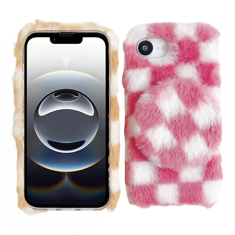 For iPhone 17e / 16e Fluffy Case Checkered Pattern Winter Plush Inner TPU Phone Cover with Mirror - Green