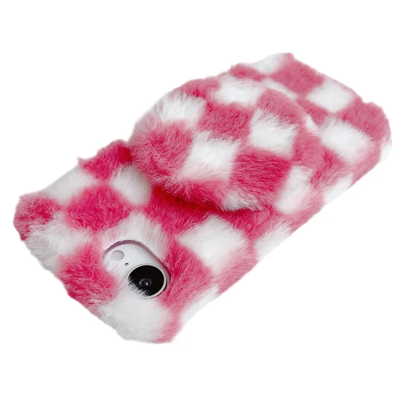 For iPhone 17e / 16e Fluffy Case Checkered Pattern Winter Plush Inner TPU Phone Cover with Mirror - Green