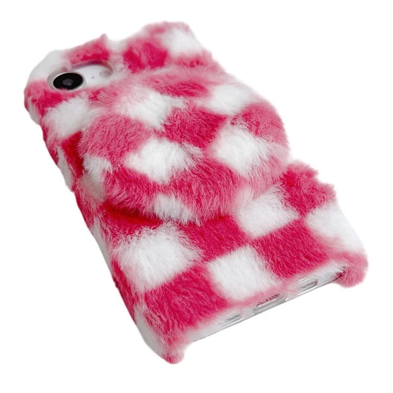 For iPhone 17e / 16e Fluffy Case Checkered Pattern Winter Plush Inner TPU Phone Cover with Mirror - Green