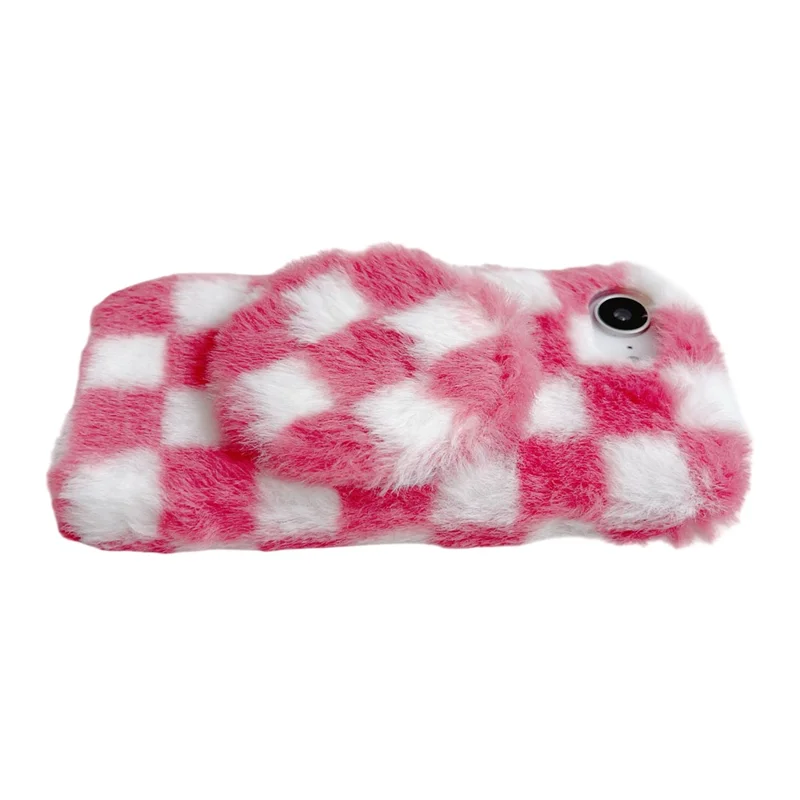 For iPhone 17e / 16e Fluffy Case Checkered Pattern Winter Plush Inner TPU Phone Cover with Mirror - Green