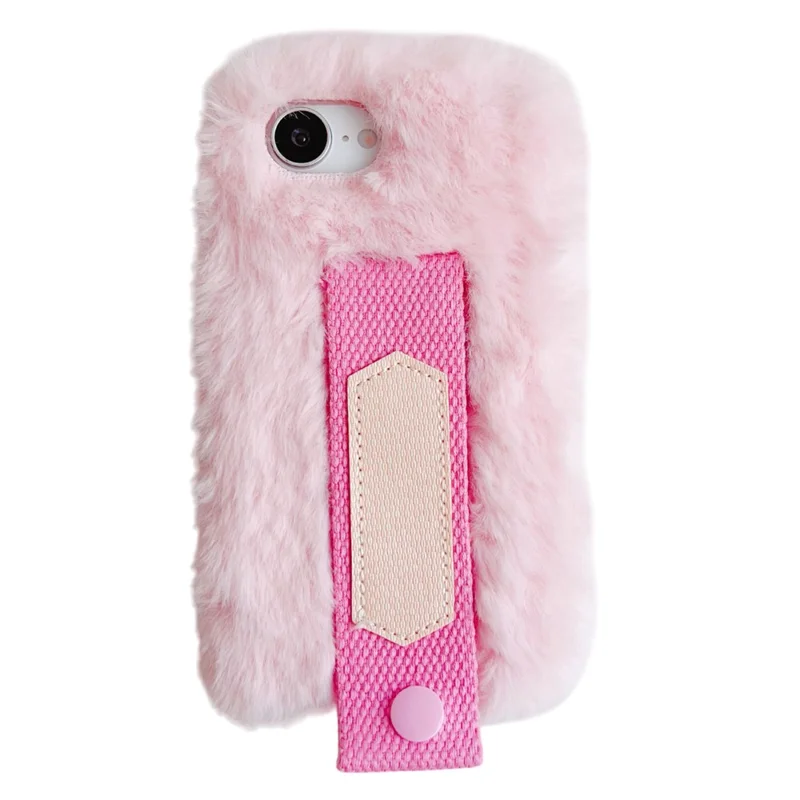 Flauschige Handyhülle für iPhone 16e mit Winter-Plüsch-TPU und Handschlaufe - Rosa