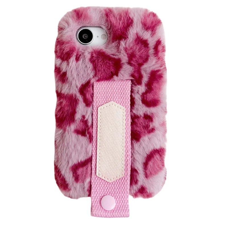 For iPhone 17e / 16e Fluffy Case Winter Plush Inner TPU Phone Cover with Hand Strap - Rose