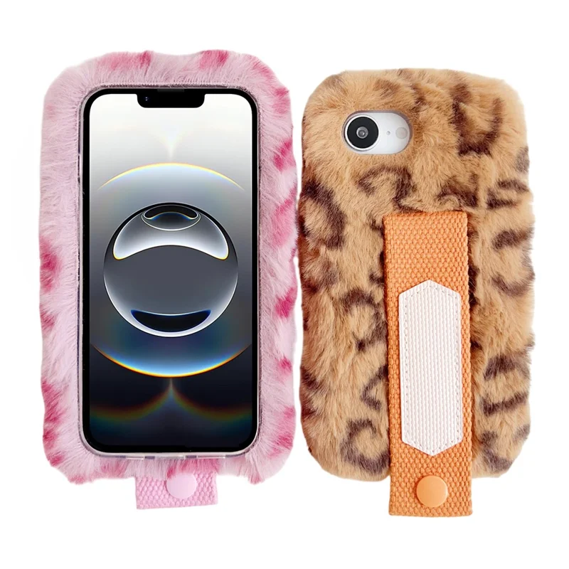 For iPhone 17e / 16e Fluffy Case Winter Plush Inner TPU Phone Cover with Hand Strap - Rose