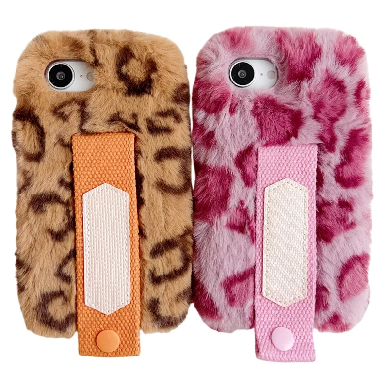 For iPhone 17e / 16e Fluffy Case Winter Plush Inner TPU Phone Cover with Hand Strap - Rose