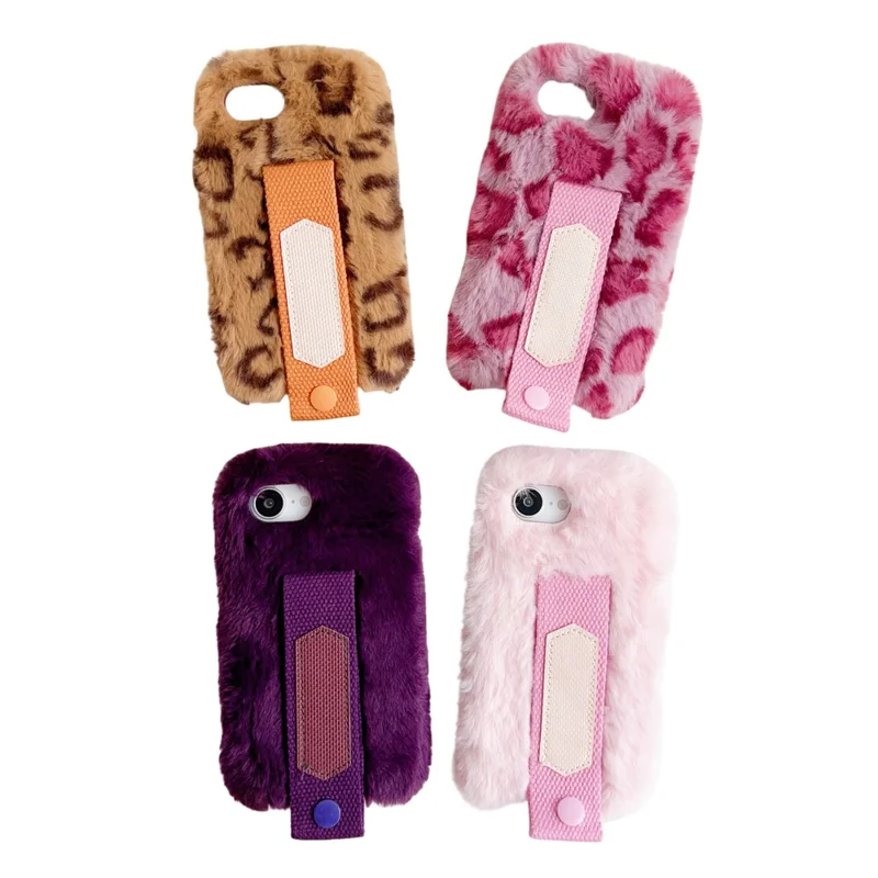 For iPhone 17e / 16e Fluffy Case Winter Plush Inner TPU Phone Cover with Hand Strap - Rose