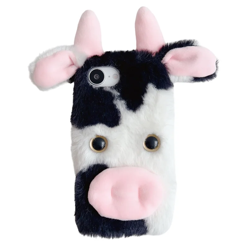 For iPhone 16e Case Fluffy Cute Cow Winter Plush Inner TPU Phone Cover - Black