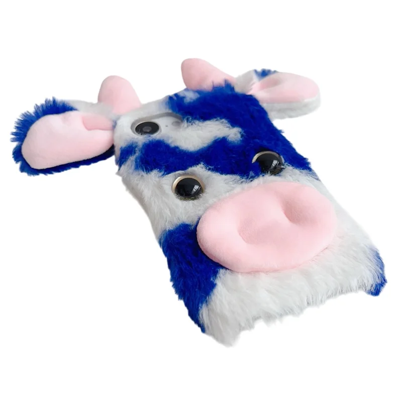 For iPhone 16e Case Fluffy Cute Cow Winter Plush Inner TPU Phone Cover - Black