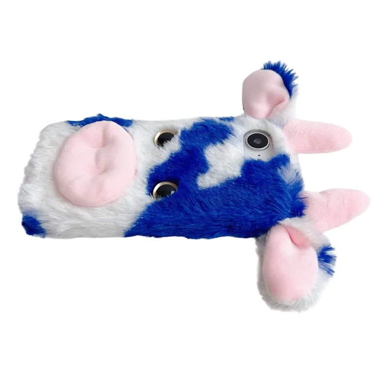 For iPhone 16e Case Fluffy Cute Cow Winter Plush Inner TPU Phone Cover - Black