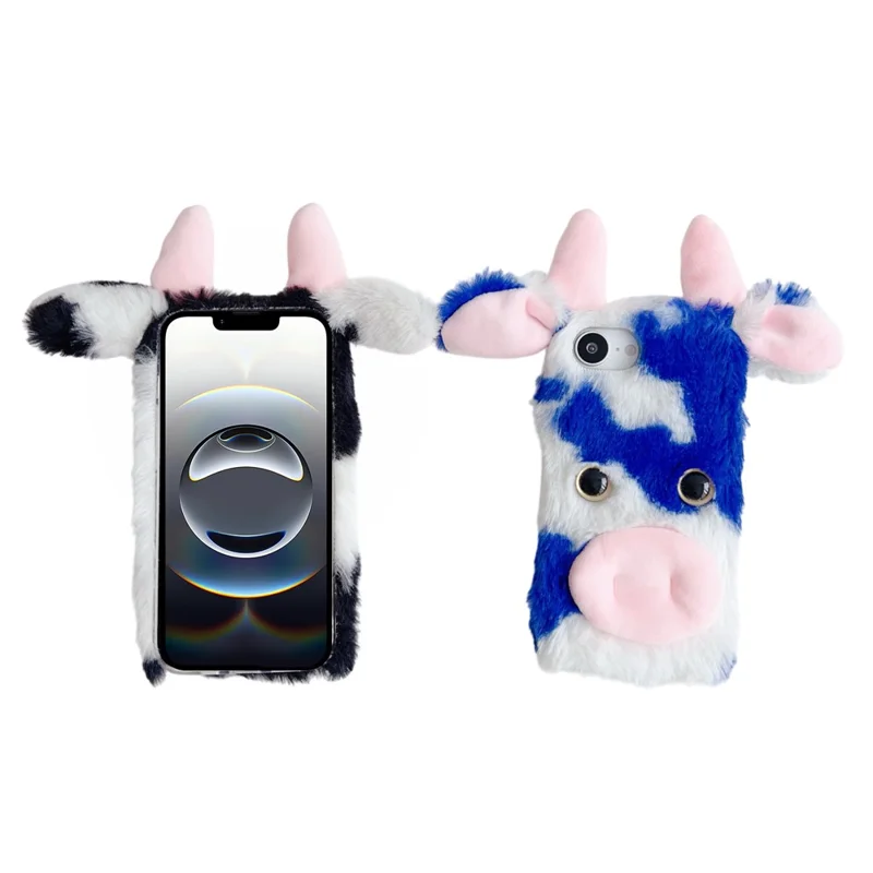 For iPhone 16e Case Fluffy Cute Cow Winter Plush Inner TPU Phone Cover - Black