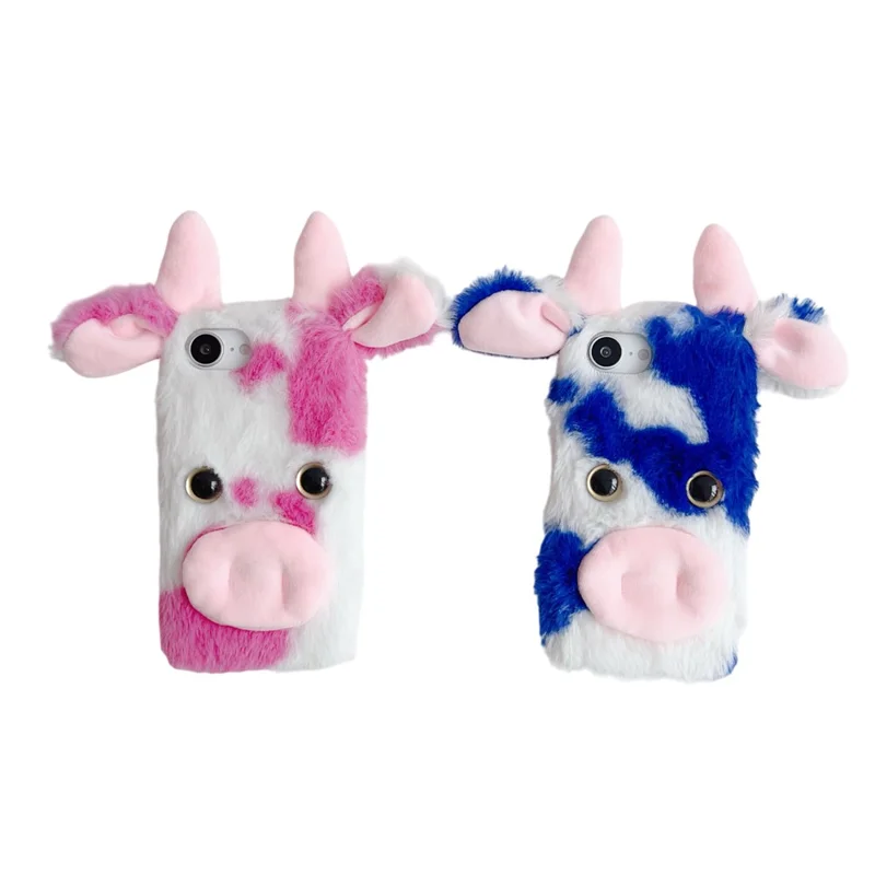 For iPhone 16e Case Fluffy Cute Cow Winter Plush Inner TPU Phone Cover - Black