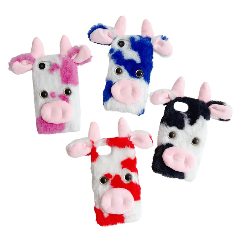 For iPhone 16e Case Fluffy Cute Cow Winter Plush Inner TPU Phone Cover - Black