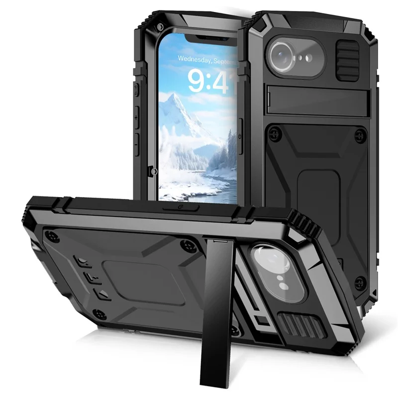 R-JUST For iPhone 16e Case PC + Silicone + Metal Kickstand Phone Cover with Tempered Glass Film - Black