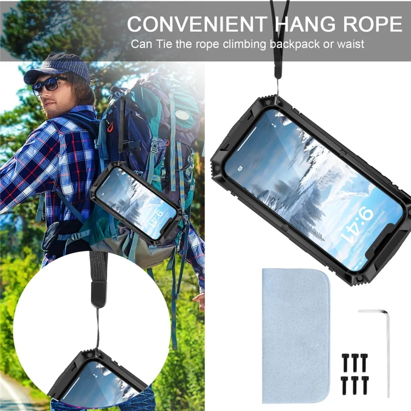R-JUST For iPhone 16e Case PC + Silicone + Metal Kickstand Phone Cover with Tempered Glass Film - Black