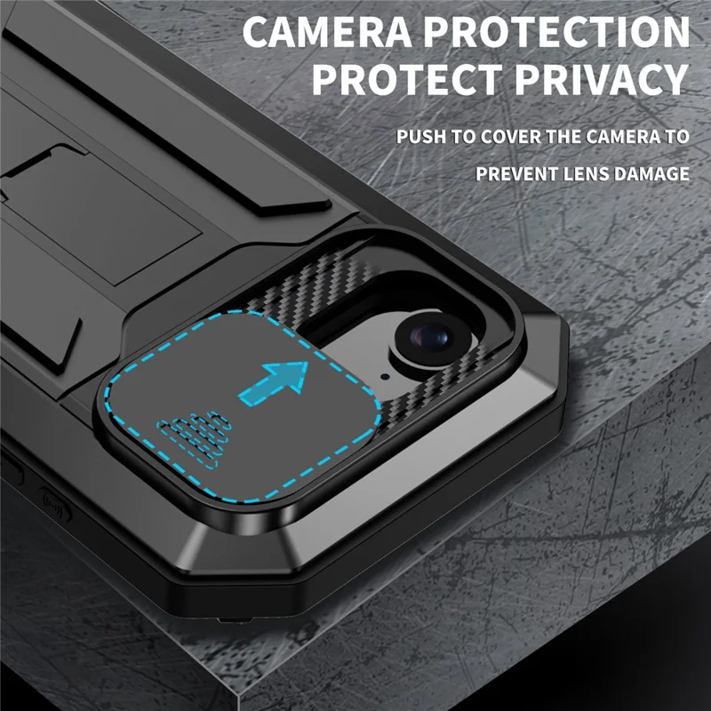 R-JUST For iPhone 16e Case PC + Silicone + Metal Back Cover with Tempered Glass Film - Black