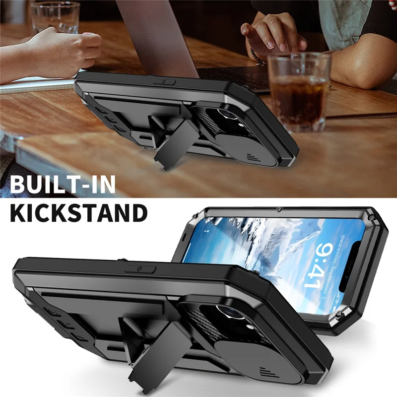 R-JUST For iPhone 16e Case PC + Silicone + Metal Back Cover with Tempered Glass Film - Black