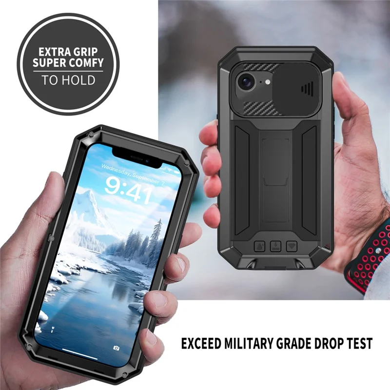 R-JUST For iPhone 16e Case PC + Silicone + Metal Back Cover with Tempered Glass Film - Black