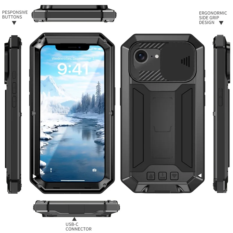 R-JUST For iPhone 16e Case PC + Silicone + Metal Back Cover with Tempered Glass Film - Black