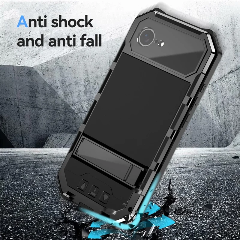 R-JUST Funda para iPhone 16e de PC + Silicona + Soporte Metálico con Película de Vidrio Templado - Negro