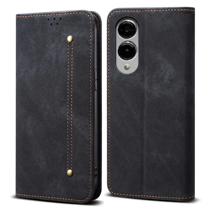 For Samsung Galaxy S25 Edge Case Jeans Cloth Texture Anti-Scratch Leather Stand Phone Cover - Black
