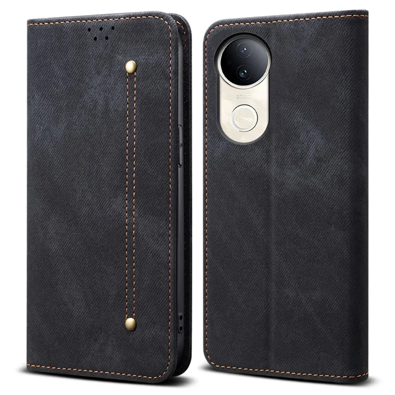 For vivo V50 5G Case Jeans Cloth Texture Anti-Scratch Leather Stand Phone Cover - Black