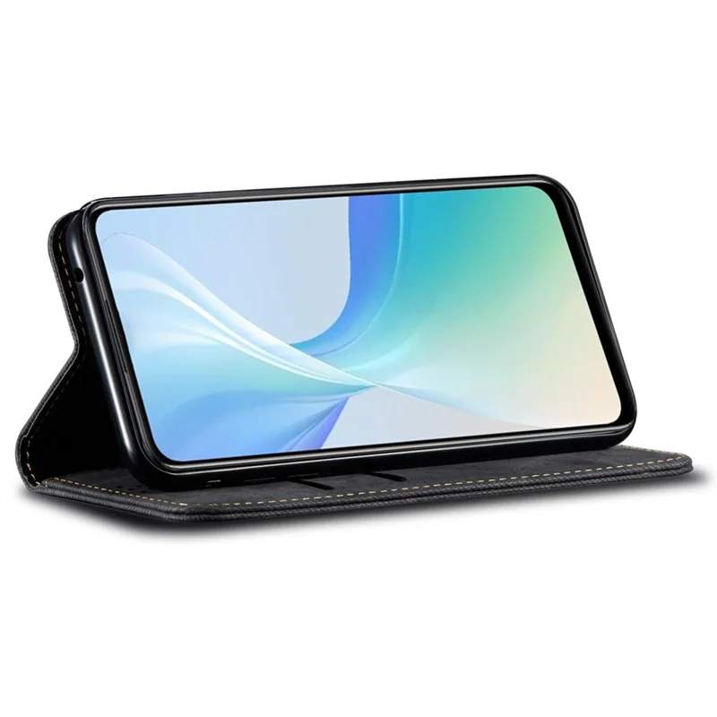 For vivo V50 5G Case Jeans Cloth Texture Anti-Scratch Leather Stand Phone Cover - Black