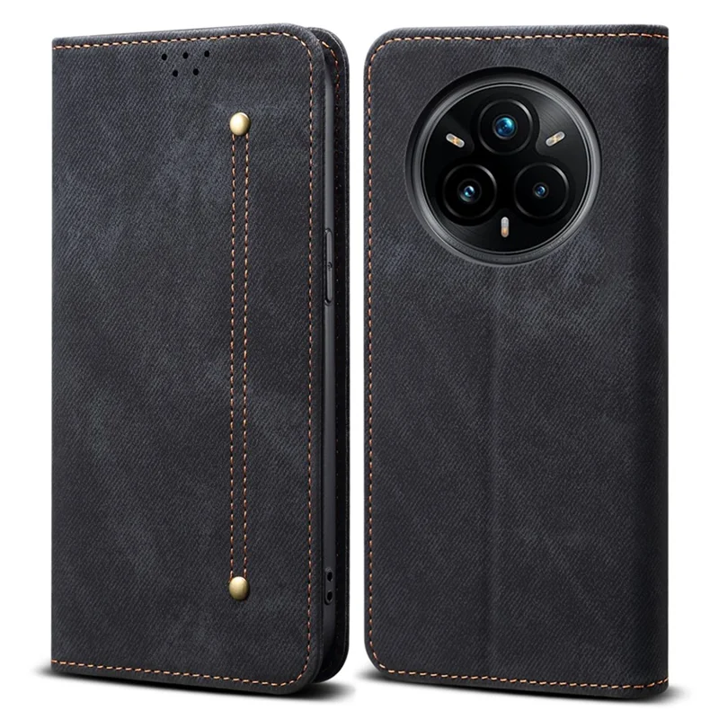 Hoesje voor Realme 14 Pro+ 5G met stofjeansstructuur, krasbestendig lederen standaard hoesje - Zwart